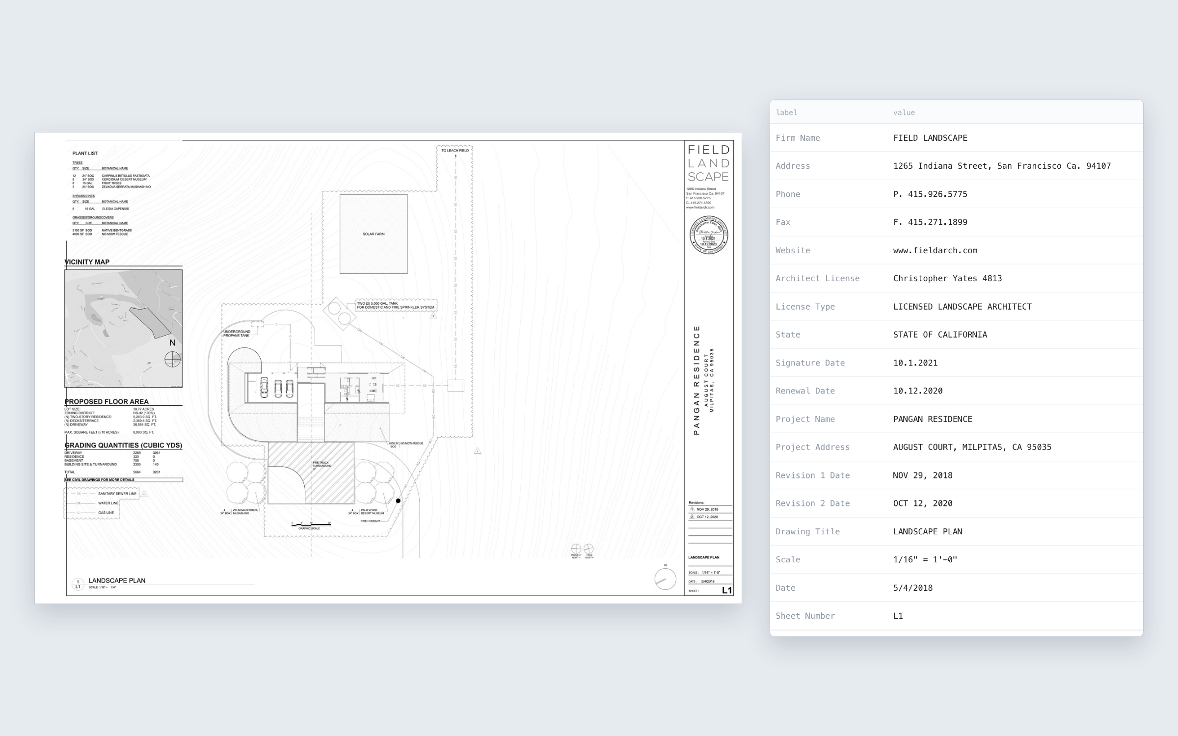 An engineering drawing on the left, the fields from its title block as a table on the right