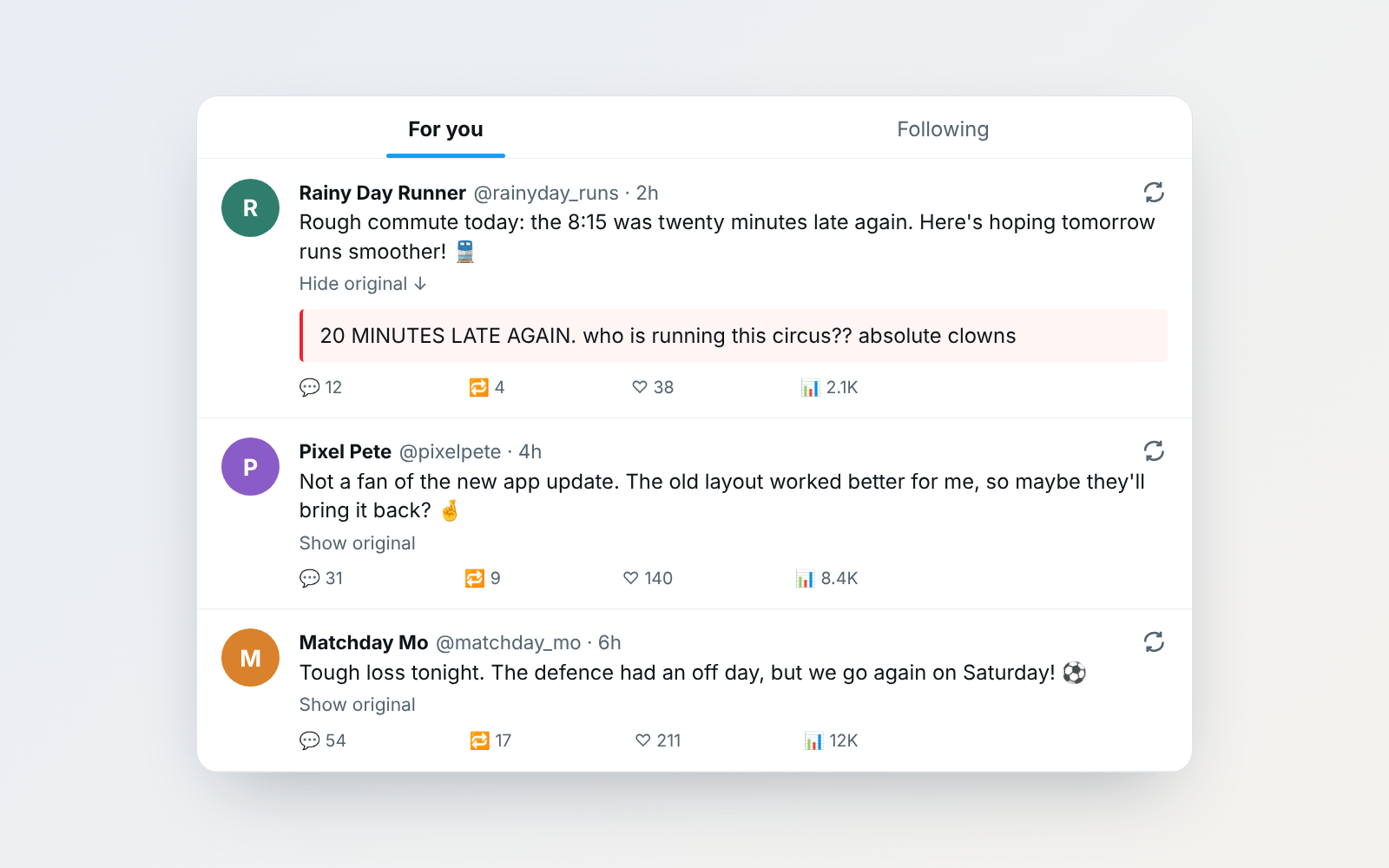 A mock feed where posts are shown rewritten in a calmer tone, with a toggle to show the original